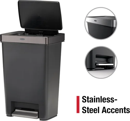 Miniatura 2 de Rubbermaid Serie Premier IV Contenedor de basura con tapa para pisar para el hogar y la cocina, 12.4 galones, tapa de acero inoxidable color carbón