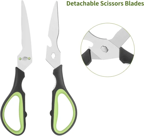 Miniatura 3 de Tijeras de cocina, cuchillas de acero inoxidable, agarre suave, juego de tijeras de cocina multiusos resistentes, negro/verde, juego de 4 piezas