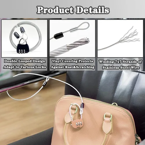 Miniatura 3 de Cuerda de cable con doble bucle, bloqueo de cable de seguridad, cable de seguridad recubierto de vinilo de acero, bloqueo de equipaje de 3.3 pies x