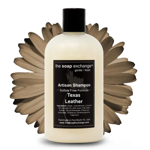 The Soap Exchange Champú para el cabello, aroma a cuero de Texas, hecho a mano, 12 fl oz / 12.0 fl oz, cuidado natural del cabello artesanal, suave,