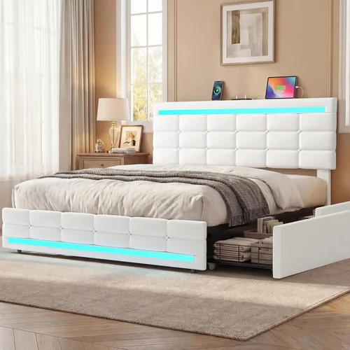 Miniatura 9 de ADORNEVE Base de cama de tamaño matrimonial con cajones de almacenamiento, cabecera con luces LED, plataforma de cuero tapizada con 2 puertos USB