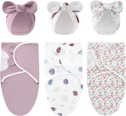 Miniatura 10 de Juego de saco de dormir para bebé con gorro para bebés de 0 a 3 meses, paquete de 3 unidades, algodón suave para recién nacidos, para niñas y niños
