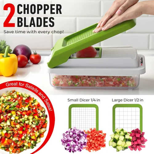 Miniatura 4 de Mueller Cortador de verduras de 9 cuchillas, mandolina para rebanar, picador de verduras, rallador de queso, cortador de cebolla con recipiente