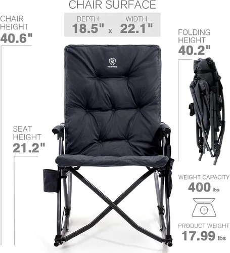 Miniatura 7 de EVER ADVANCED Silla de Camping Mecedora Plegable de Gran Tamaño, Sillas Mecedoras Portátiles Acolchadas para Patio, Césped y Exteriores, Sillón