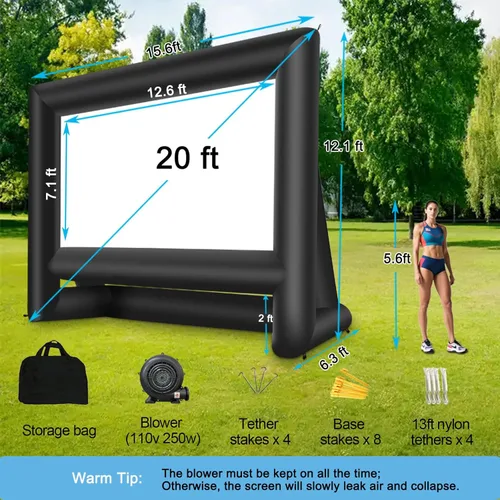 Miniatura 5 de Pantalla de cine inflable de 20 pies para cine al aire libre, pantalla de proyección con bolsa de transporte soplador para proyección frontal