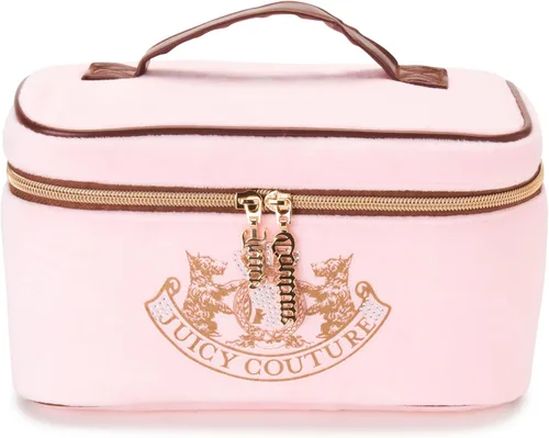 Juicy Couture Bolso de Maquillaje Rosa Organizador de Cosméticos Esenciales de Viaje Estuche de Tren Corona de Perro de Terraza de Oro de Rinstone