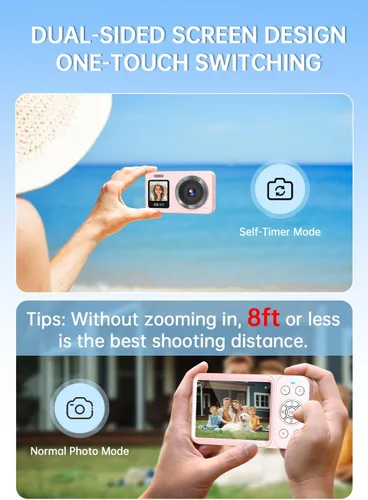 Miniatura 2 de Cámara digital rosa, cámara de doble pantalla 4K 64MP UHD, zoom de 18X, cámaras digitales portátiles para apuntar y disparar con tarjeta TF de 64