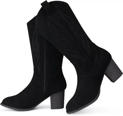 Miniatura 6 de SHIBEVER Botas vaqueras para mujer 2025 botas vaqueras a media pantorrilla con bordado occidental de tacón alto y punta puntiaguda