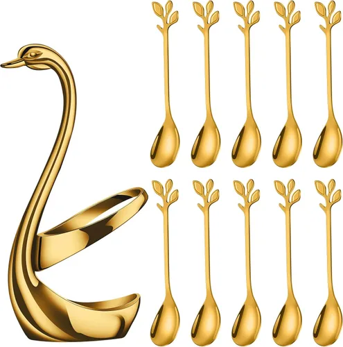 Miniatura 15 de AnSaw Elegantes Cucharones de Café con Hoja de Oro - Juego de 10 Piezas, 4.7" Mini Cucharones de Acero Inoxidable para Espresso y Postre, Perfectos