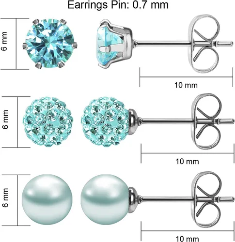 Miniatura 36 de JewelrieShop - Juego de aretes de tuerca de acero inoxidable con circonitas cúbicas y perlas de imitación, 3 pares de 0.236 in