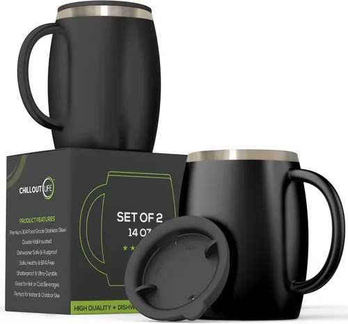 Miniatura 11 de Juego de 2 tazas de café aisladas de acero inoxidable (14 onzas) de doble pared con tapa y asa resistentes a derrames, tazas inastillables