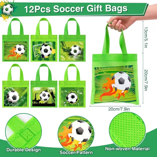 Miniatura 2 de Winrayk Juego de 12 regalos de fiesta de fútbol para niños, suministros de cumpleaños deportivos, bolsas de regalo no tejidas, pulsera de palmada