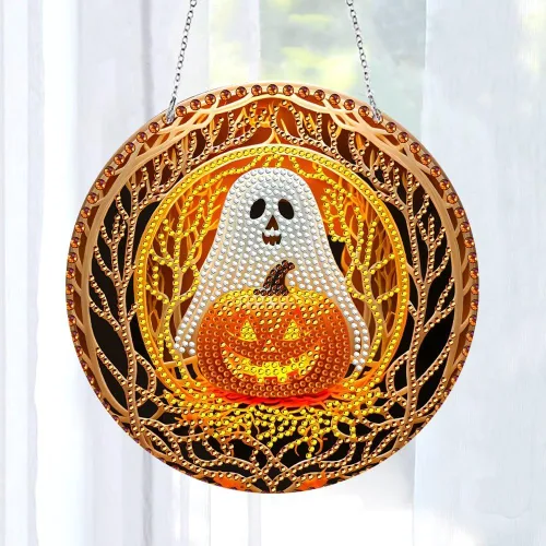 Miniatura 2 de LUSandy Kit de pintura de diamante de calabaza fantasma 5D para Halloween, letrero de arte de pared, diseño de calabaza, diamante, atrapasoles