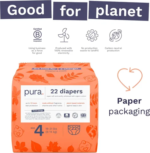Miniatura 4 de Pura Pañales Ecológicos Talla 4 (18-31 libras) TCF Hipoalergénicos, Algodón Orgánico Suave, Sostenible, hasta 12 Horas de Protección contra Fugas
