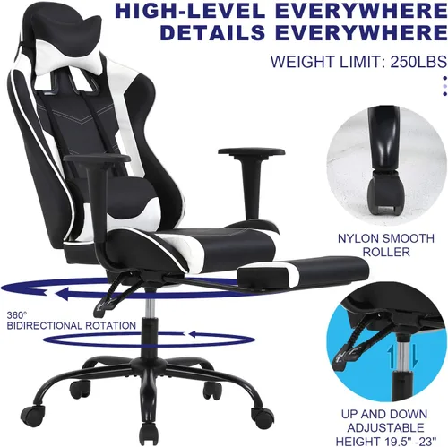 Miniatura 5 de HCY Silla ergonómica de respaldo alto, estilo carreras, con reposapiés, reposacabezas y soporte lumbar, altura ajustable, silla de oficina de piel