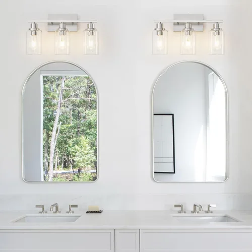 Miniatura 4 de Accesorios de iluminación de baño de 3 luces de níquel cepillado, lámpara de tocador sobre espejo, iluminación de pared moderna de granja, apliques