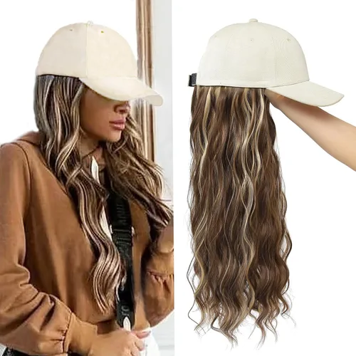 Miniatura 22 de Gorra de béisbol con peluca de cabello largo ondulado natural, con gorra, resistente al calor, mezcla sintética marrón rubio, fibras ajustables