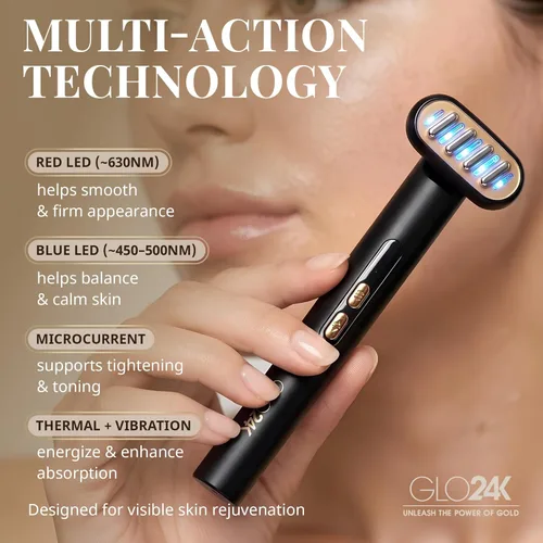 Miniatura 2 de GLO24K Varita de Terapia de Belleza 6-EN-1 para la Cara, Ojos y Cuello. Basada en Tecnología de Luz LED Dual, Térmica, Vibración y Microcorriente.