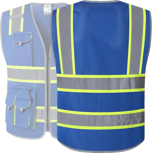 Miniatura 2 de JKSafety - Chaleco de seguridad de alta visibilidad con 10 bolsillos, color neón, cremallera frontal, malla para hombres y mujeres, utilidad