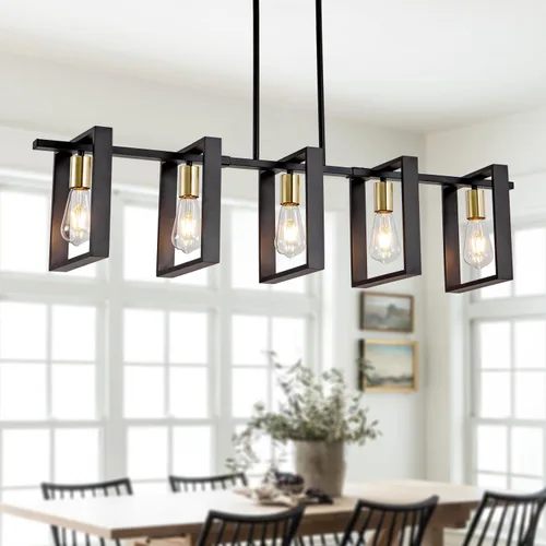 Miniatura 13 de Lámpara colgante de comedor de granja, para isla de cocina, rústica, 4 luces, madera y metal negro, lámpara rectangular para colgar en el techo