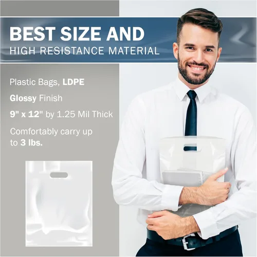 Miniatura 3 de PPB - Bolsas de plástico blanco de 9 x 12 pulgadas, acabado brillante, tamaño pequeño al por menor, paquete de 100, 1.25 mil de grosor, con asas
