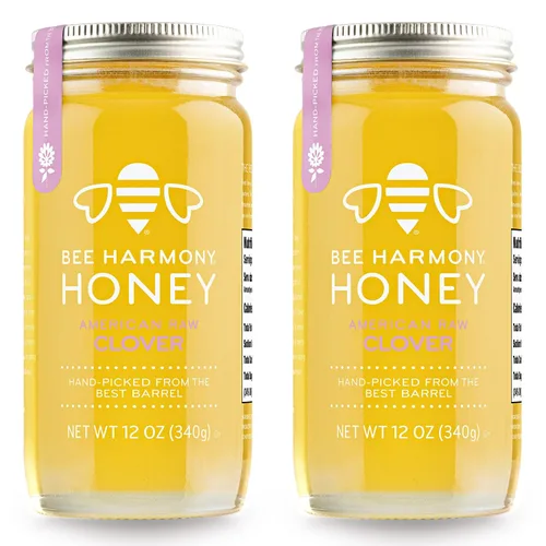 Bee Harmony Miel de trébol cruda, 12 onzas (paquete de 2 tarros), fabricada en los Estados Unidos