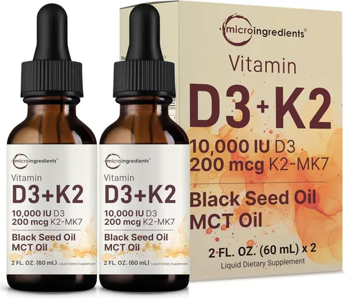 Micro Ingredients Paquete de 2 gotas de vitamina D3 10000 iu + K2 (MK-7) de 200 mcg, 4 onzas líquidas | Aceite de semilla negra y MCT | Apoyo 4 en 1