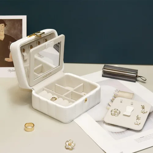 Miniatura 6 de KAMIER Organizador de joyas de viaje, caja organizadora de joyas de viaje de cuero acolchado con diamante, caja de joyería pequeña para mujer
