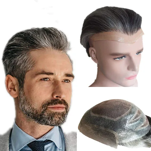 Miniatura 15 de 1B20 unidades de cabello gris Toupee para hombres piezas para hombre NLW sistema de reemplazo de heredero humano europeo para hombres 10x8 "toupee