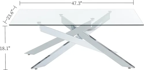 Miniatura 2 de Mesa de centro rectangular moderna, tapa de vidrio templado y pata tubular de metal, 47.3 pulgadas de largo x 23.6 pulgadas de ancho x 18.1 pulgadas