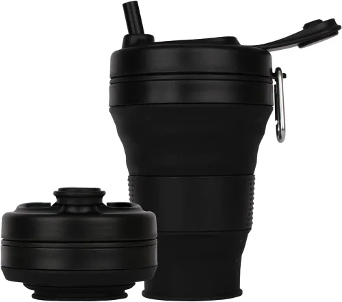 Taza de Café de Silicona con Pajita y Tapa, Tazas Plegables para Viajar, 20oz, Taza de Agua Plegable Ligera para Picnic, Senderismo, Camping, Negro
