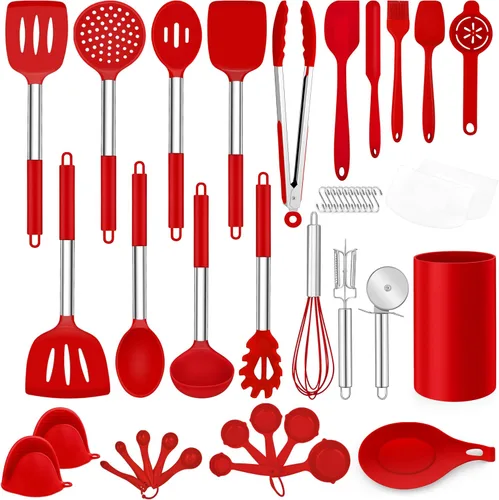 Miniatura 9 de LIANYU Juego de 43 utensilios de cocina de silicona, espátula con soporte, resistentes al calor, utensilios de cocina antiadherentes, mango de acero