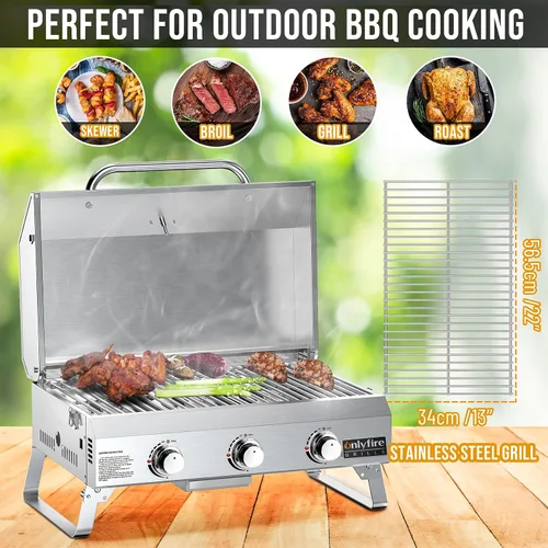 Miniatura 7 de Parrilla de Gas de Mesa 3 Quemadores, Parrilla de Propano Portátil para Barbacoa con Patas Plegables para Barbacoa al Aire Libre, Patio, Jardín