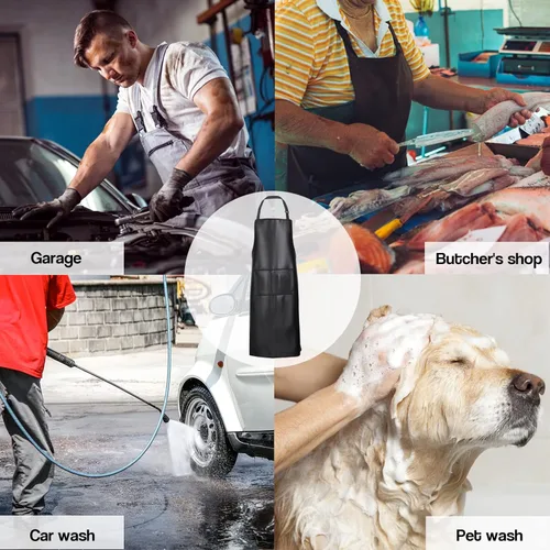 Miniatura 7 de Delantal impermeable, delantal de trabajo resistente, delantal de cuero artificial, ideal para chef, carnicero, peluquero, limpieza Negro