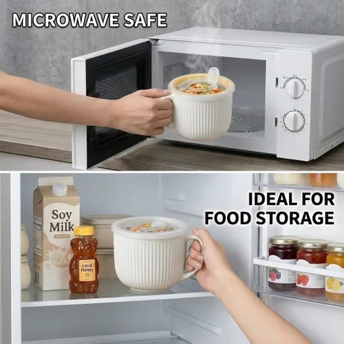 Miniatura 5 de Tazón de sopa de cerámica con asa de 32 onzas – Tazón de ramen para microondas con tapa, tazas y tazas de sopa para cereales, avena, ramen, fideos