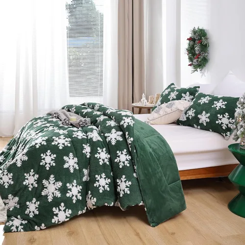 Miniatura 7 de JANZAA - Juego de ropa de cama navideña tamaño matrimonial, juego de edredón de terciopelo color esmeralda con copos de nieve blancos