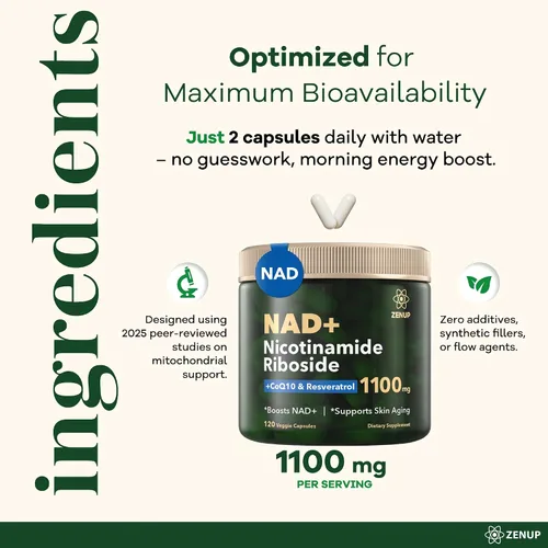 Miniatura 8 de NAD+ Suplemento 1100 mg ribósido liposomal de nicotinamida con resveratrol y quercetina Enfoque mental 120 cápsulas