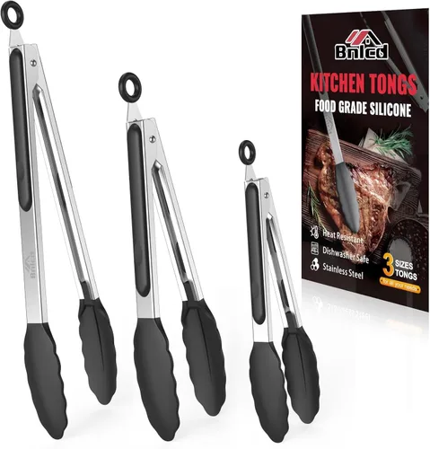 Pinzas de cocina resistentes al calor de 600ºF, pinzas de cocina de bloqueo premium con puntas de silicona, pinzas antideslizantes para cocinar, 3