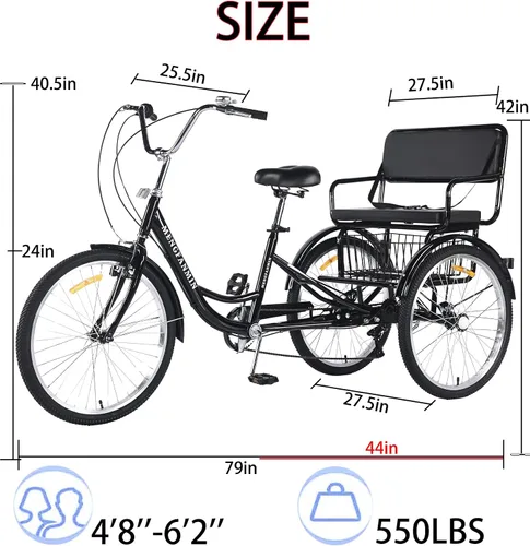 Miniatura 3 de Triciclo para adultos de 7 velocidades, bicicletas de 3 ruedas con asiento trasero, triciclo para adultos de 20/24 pulgadas, ruedas bajas con cesta