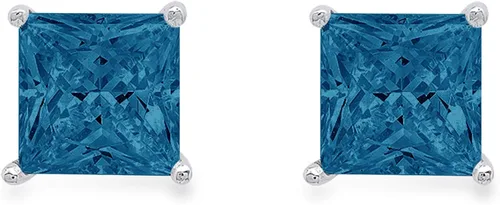 Miniatura 2 de Pendientes de tuerca de diseño de topacio azul londinense VVS1 de 2,0 quilates con corte princesa solitario natural, oro blanco de 14 quilates