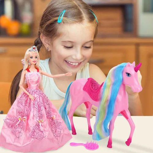Miniatura 3 de BETTINA Juego de muñecas de princesa unicornio, juguetes de unicornio con luz mágica para niñas, juguetes de caballo con crin y cola, juguete