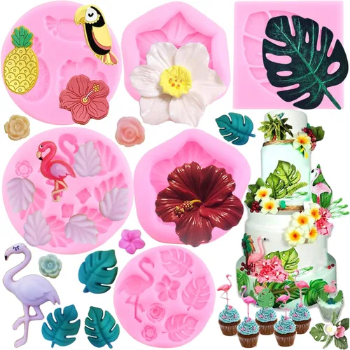 Mujiang Molde de silicona de hojas tropicales para flamencos, moldes de hojas de Monstera para caramelo, hibisco, flor, pájaro, piña, chocolate para