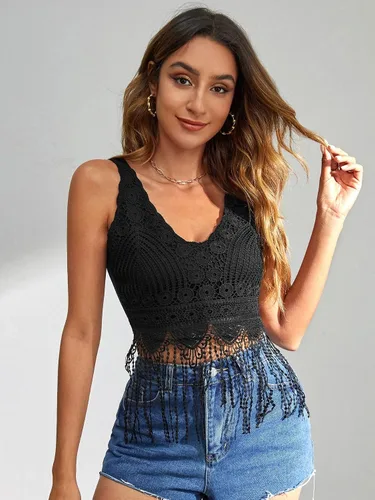 Miniatura 3 de Verdusa Camiseta corta sin mangas con cuello en V y encaje guipur para mujer