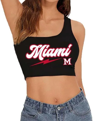 Miniatura 3 de Lojobands Camiseta sin mangas de un hombro para mujer, para portón trasero, talla única Miami University Redhawks - Negro