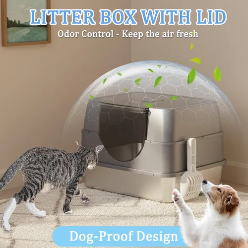Miniatura 4 de Caja de arena cerrada para gatos con tapa abatible, caja de arena grande cubierta de acero inoxidable, bandeja de arena de metal de alta cara