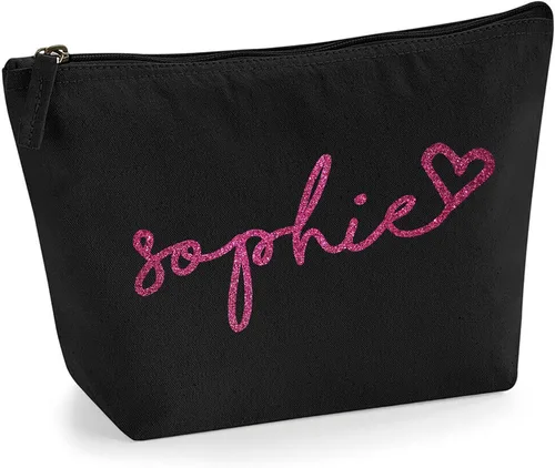Miniatura 16 de Bolsa de accesorios de maquillaje con iniciales de nombre escritas a mano personalizadas en color negro con purpurina o textura de flocado
