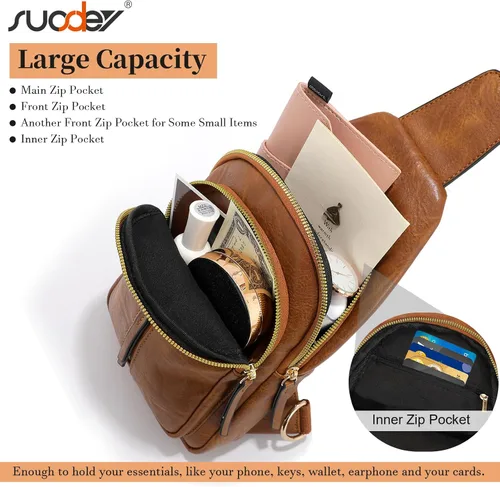 Miniatura 4 de SUOSDEY 2024 - Bolso bandolera de cuero para mujer, bolso cruzado de cuero para mujer, bolso de pecho de moda para viajar y caminar