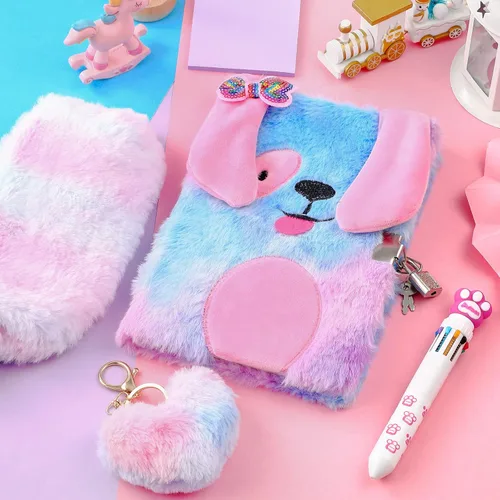 Miniatura 7 de Juego de cuadernos de peluche con diseño de arcoíris, cuaderno esponjoso para niñas, diario privado bordado, bloc de notas con candado, bolígrafo