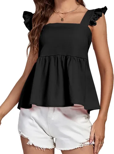 Miniatura 4 de LYANER Blusa sin mangas con volantes y cuello cuadrado para mujer