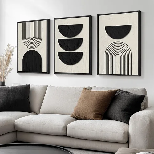 Miniatura 38 de Arte abstracto neutro en blanco y negro para sala de estar, 3 cuadros de impresiones en lienzo, para paredes, imágenes geométricas minimalistas